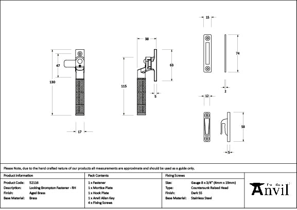 From The Anvil - Aged Brass Locking Brompton Fastener – RH - 52116