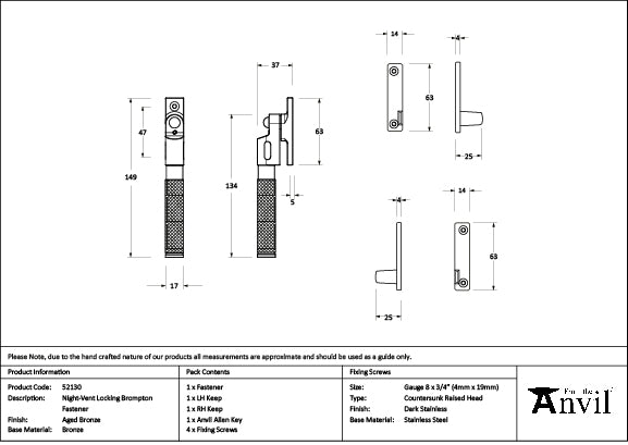 From The Anvil - Aged Bronze Night-Vent Locking Brompton Fastener - 52130