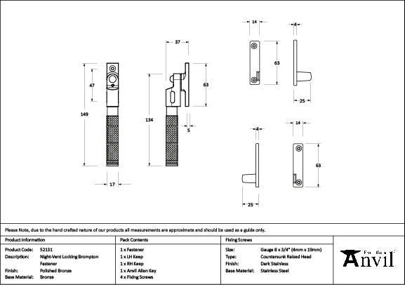 From The Anvil - Polished Bronze Night-Vent Locking Brompton Fastener - 52131