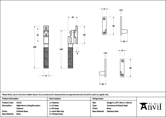 From The Anvil - Polished Brass Night-Vent Locking Brompton Fastener - 52132