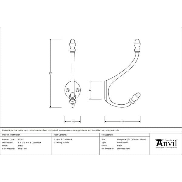 From The Anvil - 6 1/2" Hat & Coat Hook - Black - 83542 - Choice Handles