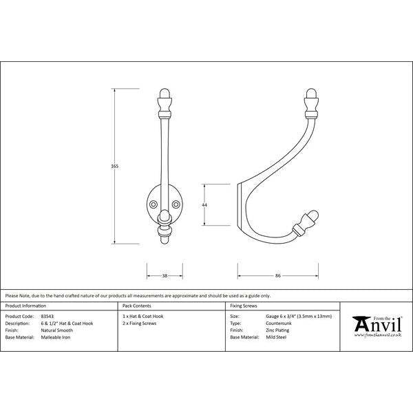 From The Anvil - 6 1/2" Hat & Coat Hook - Natural Smooth - 83543 - Choice Handles