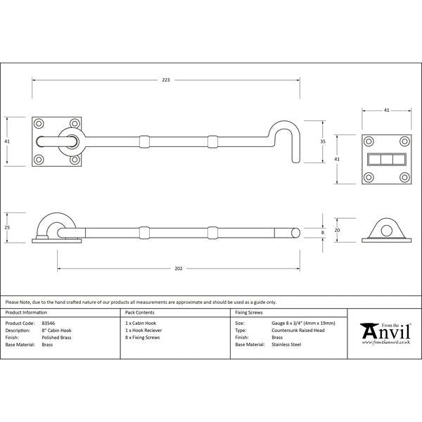 From The Anvil - 8" Cabin Hook - Polished Brass - 83546 - Choice Handles