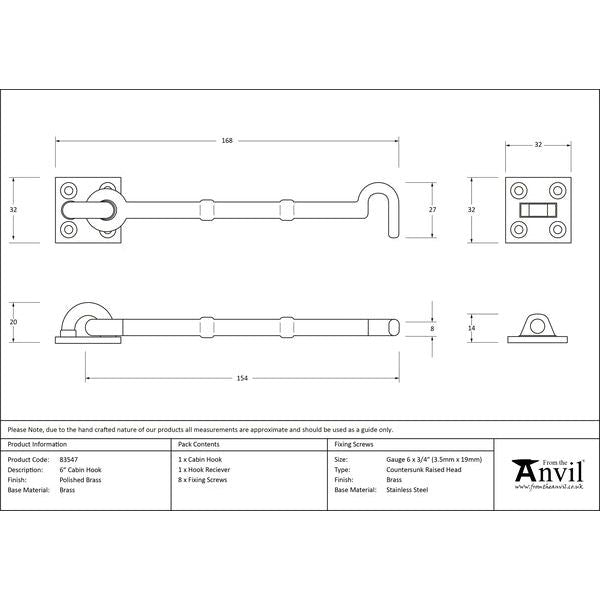 From The Anvil - 6" Cabin Hook - Polished Brass - 83547 - Choice Handles