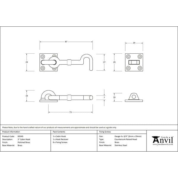 From The Anvil - 3" Cabin Hook - Polished Brass - 83549 - Choice Handles