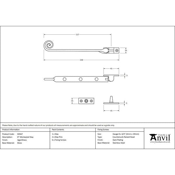 From The Anvil - 8" Monkeytail Stay - Aged Brass - 83567 - Choice Handles