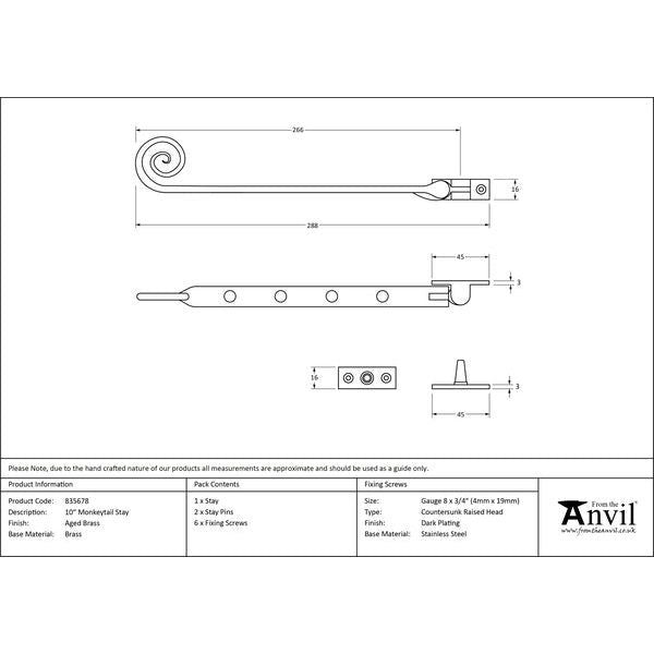 From The Anvil - 10" Monkeytail Stay - Aged Brass - 83568 - Choice Handles