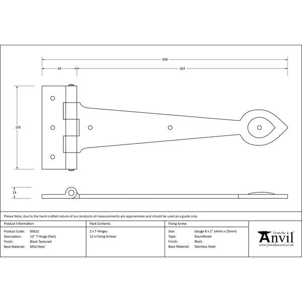 From The Anvil - Textured 12" Cast T Hinge (pair) - Black - 83621 - Choice Handles