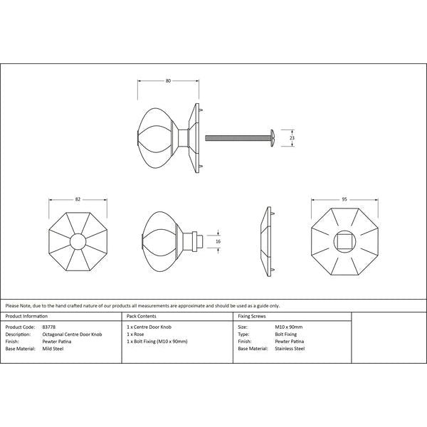 From The Anvil - Octagonal Centre Door Knob - Pewter Patina - 83778