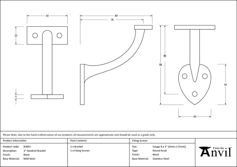 3" Handrail Bracket - Black - 83842