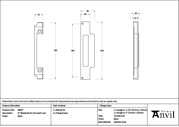 From The Anvil - ½" Euro Sash Lock Rebate Kit - Black - 90057