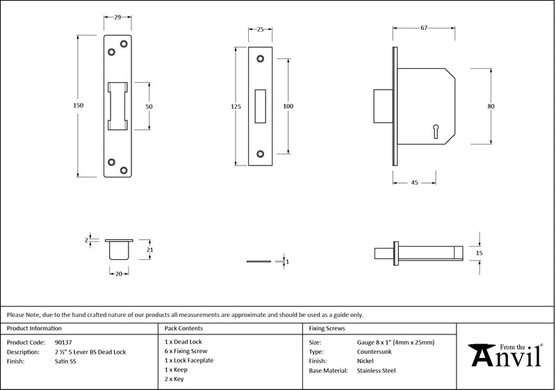 From The Anvil - ½" 5 Lever BS Deadlock - Stainless Steel - 90137