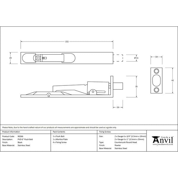 From The Anvil - 6" Flush Bolt - Black - 90266 - Choice Handles
