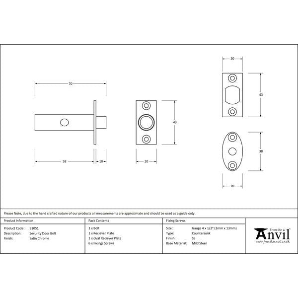 From The Anvil - Security Door Bolt - Satin Chrome - 91051 - Choice Handles