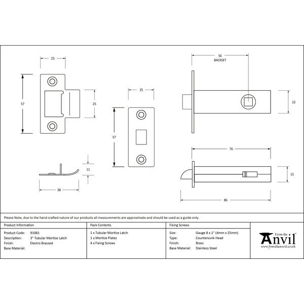 From The Anvil - 3" Tubular Mortice Latch - Electro Brass - 91081