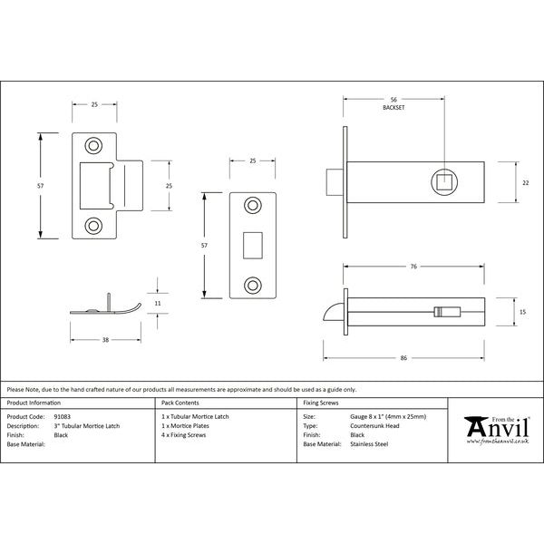 From The Anvil - 3" Tubular Mortice Latch - Black - 91083