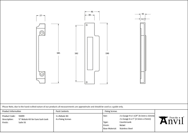 From The Anvil - ½" Euro Sash Lock Rebate Kit - Satin Stainless Steel - 91099