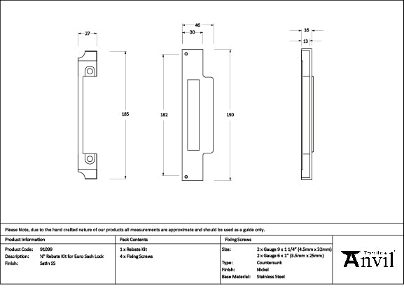 From The Anvil - ½" Euro Sash Lock Rebate Kit - Satin Stainless Steel - 91099