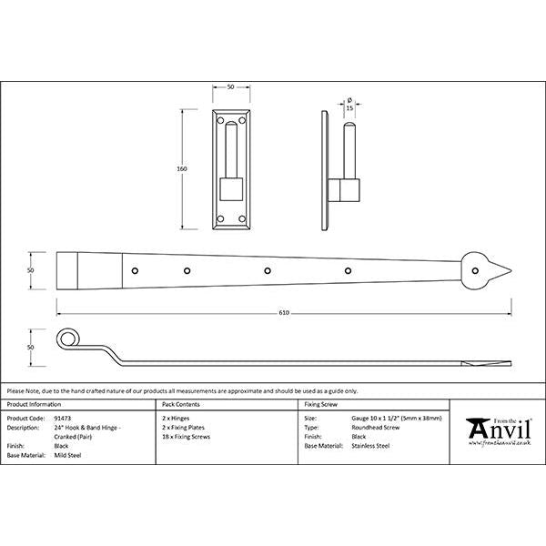 From The Anvil - Black 24" Hook & Band Hinge - Cranked (pair) - Black  - 91473 - Choice Handles