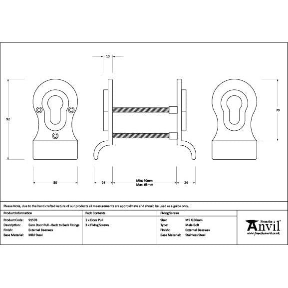 From The Anvil - External Beeswax 50mm Euro Door Pull (Back to Back fixings) - External Beeswax  - 91503 - Choice Handles