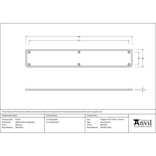 From The Anvil - 400mm Plain Fingerplate - Beeswax - 91795 - Choice Handles