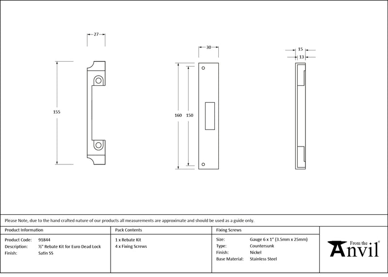 From The Anvil - ½" Euro Dead Lock Rebate Kit - Satin Stainless Steel - 91844