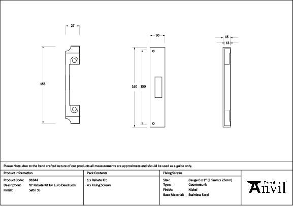 From The Anvil - ½" Euro Dead Lock Rebate Kit - Satin Stainless Steel - 91844