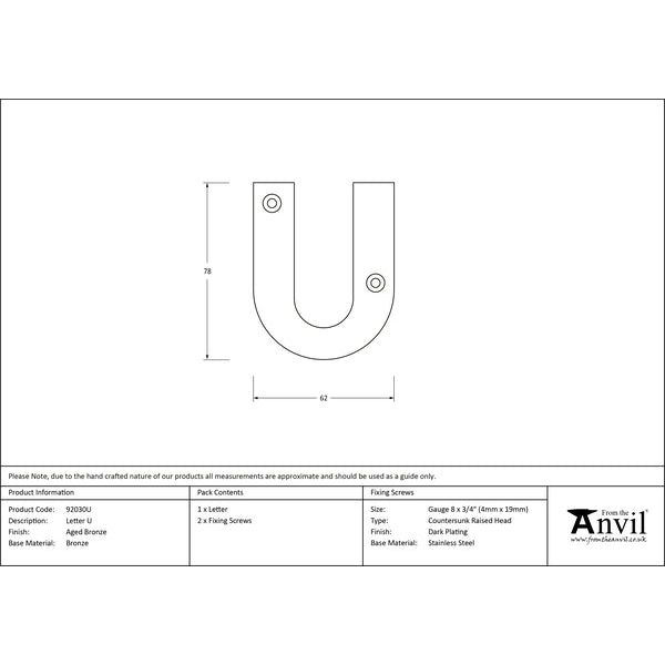 From The Anvil - Letter U - Aged Bronze - 92030U - Choice Handles