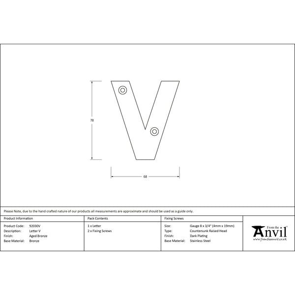 From The Anvil - Letter V - Aged Bronze - 92030V - Choice Handles