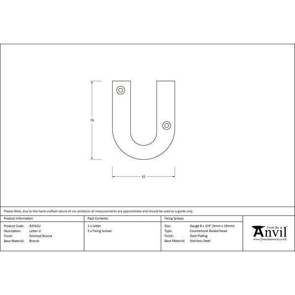 From The Anvil - Letter U - Polished Bronze - 92031U - Choice Handles