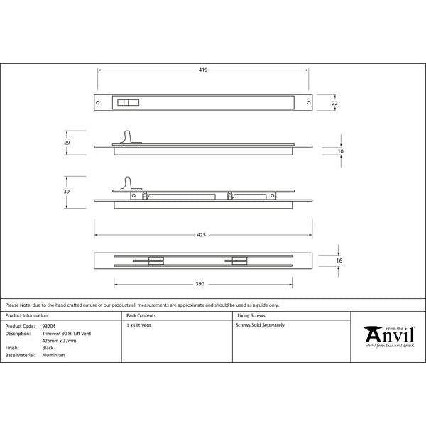 From The Anvil - Black Trimvent 90 Hi Lift Vent 425mm x 22mm - Black  - 93204