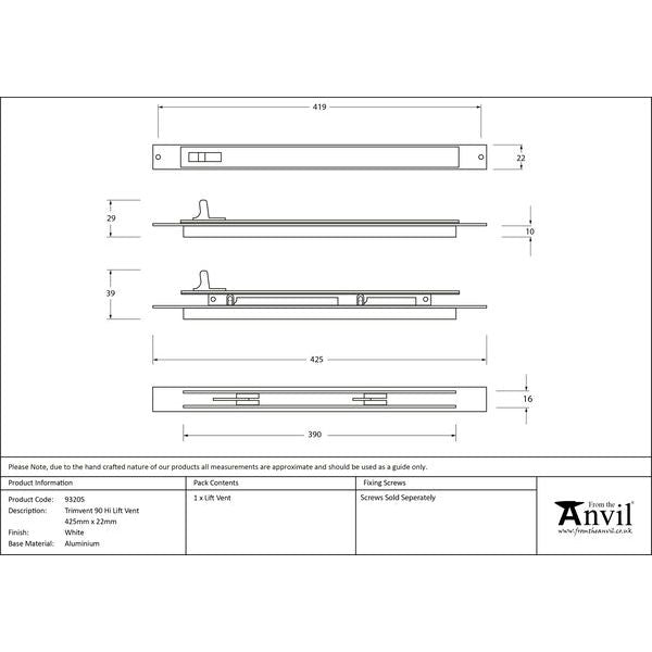From The Anvil - White Trimvent 90 Hi Lift Vent 425mm x 22mm - White  - 93205