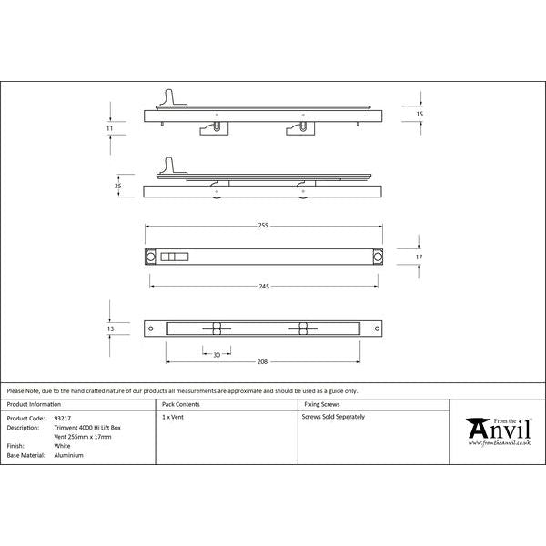 From The Anvil - White Trimvent 4000 Hi Lift Box Vent 255mm x 17mm - White  - 93217