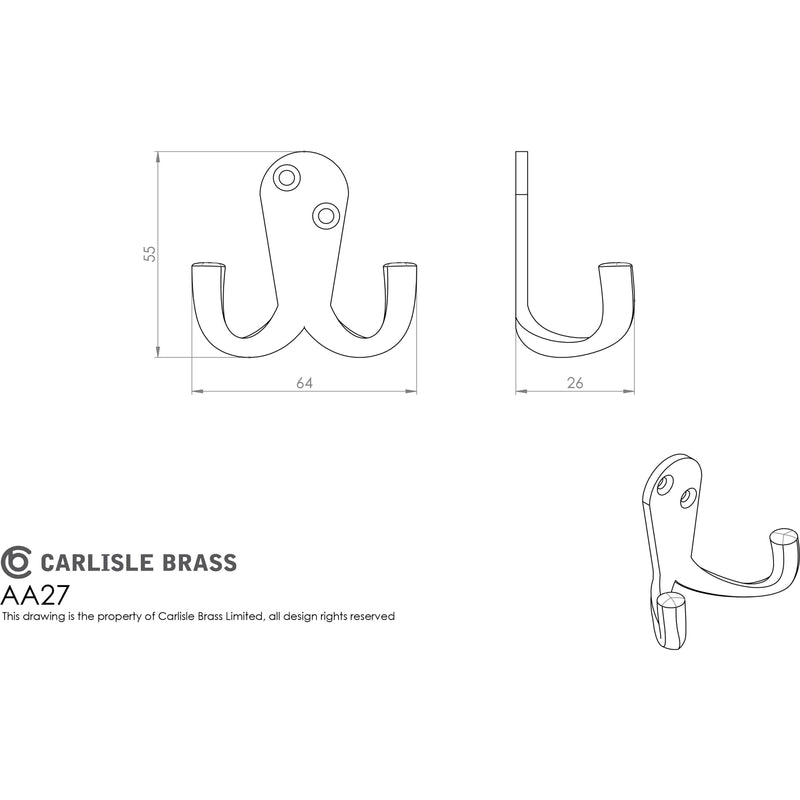 Carlisle Brass - Victorian Double Robe Hook - Polished Brass - AA27 - Choice Handles