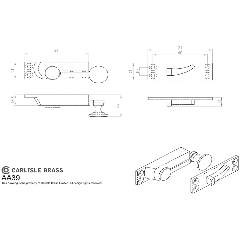 Carlisle Brass - Sash Fastener (Quadrant Arm) - Polished Brass - AA39