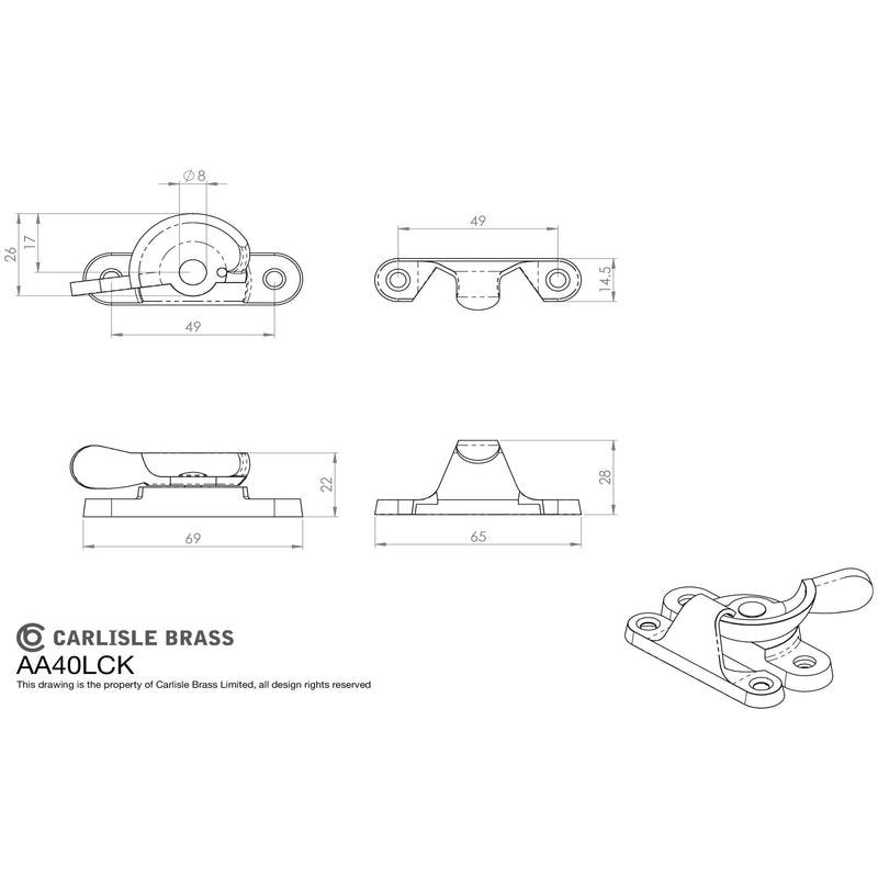 Carlisle Brass - Locking Sash Fastener (Fitch Pattern) - Satin Chrome - AA40LCKSC