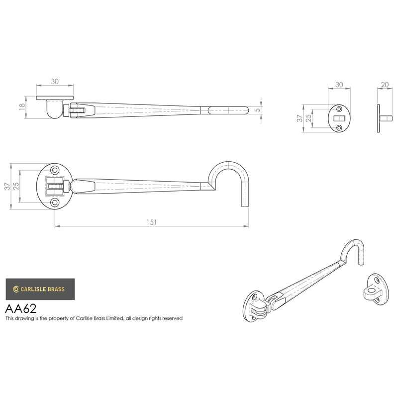 Carlisle Brass - Silent Pattern Cabin Hook 150mm - Polished Brass - AA62 - Choice Handles