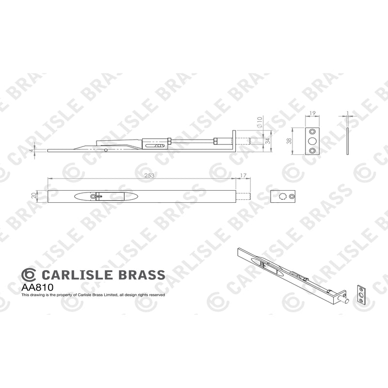 Carlisle Brass - Lever Action Flush Bolt 254mm - Polished Brass - AA810 - Choice Handles
