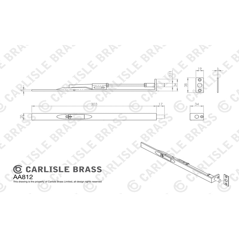 Carlisle Brass - Lever Action Flush Bolt 305mm - Polished Chrome - AA812CP - Choice Handles