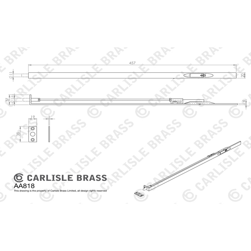 Carlisle Brass - Lever Action Flush Bolt 457mm - Polished Chrome - AA818CP - Choice Handles
