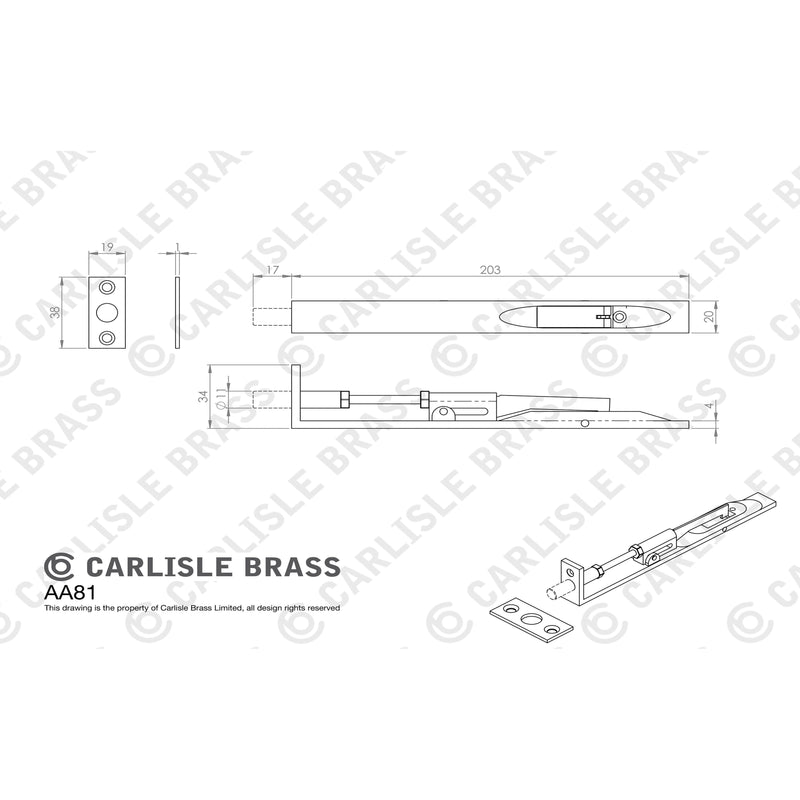 Carlisle Brass - Lever Action Flush Bolt 204mm - Satin Chrome - AA81SC - Choice Handles
