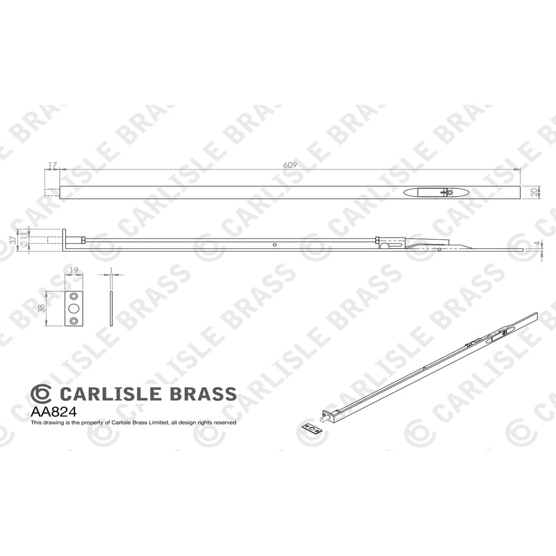 Carlisle Brass - Lever Action Flush Bolt 609mm - Polished Chrome - AA824CP - Choice Handles