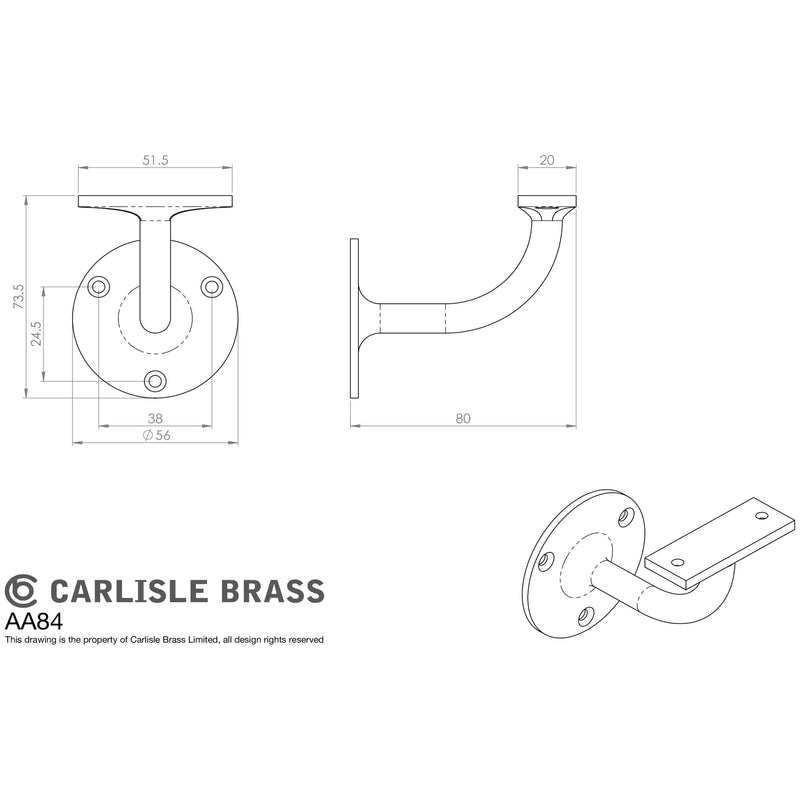 Carlisle Brass - Heavyweight Handrail Bracket 64mm - Polished Chrome - AA84CP - Choice Handles