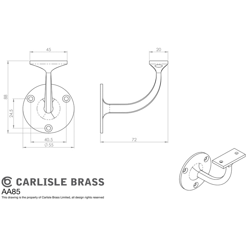 Carlisle Brass - Heavyweight Handrail Bracket 64mm - Satin Chrome - AA85SC - Choice Handles