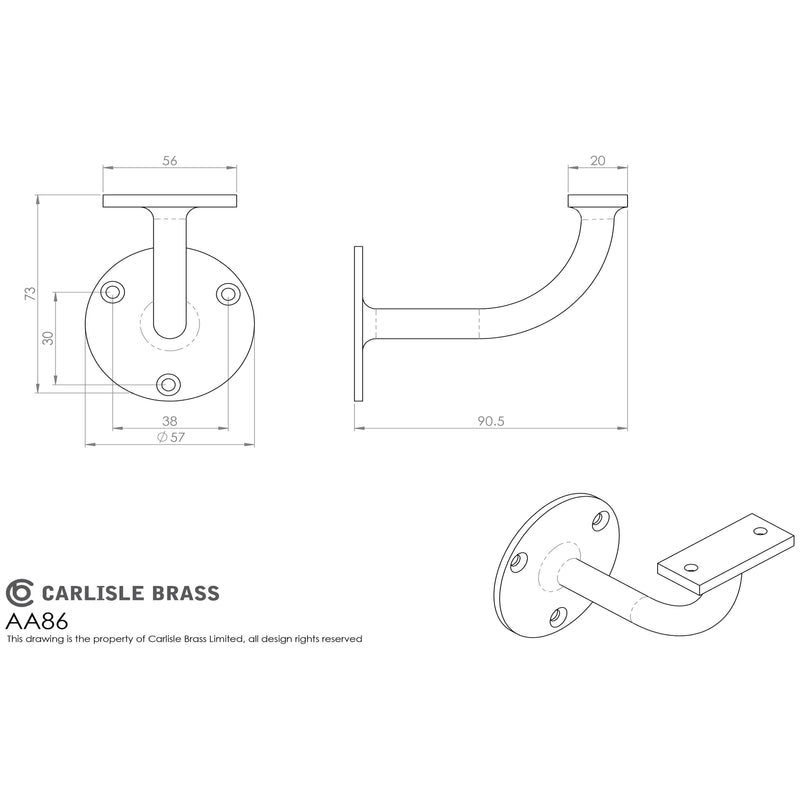 Carlisle Brass - Heavyweight Handrail Bracket 76mm - Polished Brass - AA86 - Choice Handles