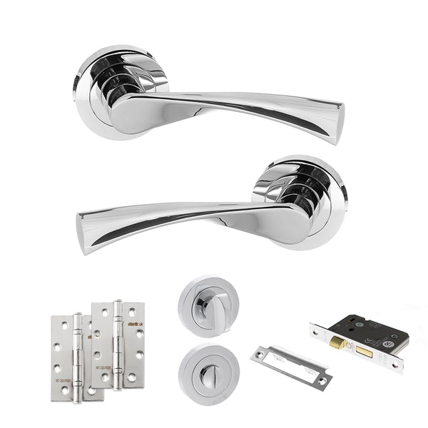 STATUS Colorado Door Handle Pack (Bathroom Set - 2.5" CE Bathroom Lock, 4" Slim Knuckle Hinges x2) - Polished Chrome - ADPS34RPC12 - Choice Handles