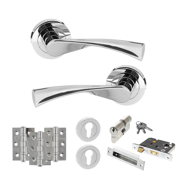 STATUS Colorado Door Handle Pack (Euro Lock Set - 3" CE Sashlock, 3" Fire Rated Hinges x3) - Polished Chrome - ADPS34RPC21 - Choice Handles