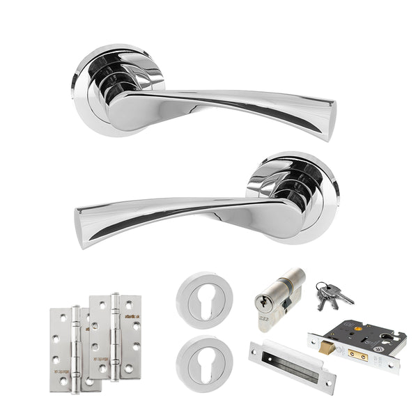 STATUS Colorado Door Handle Pack (Euro Lock Set - 2.5" CE Sashlock, 4" Slim Knuckle Hinges x2) - Polished Chrome - ADPS34RPC24 - Choice Handles