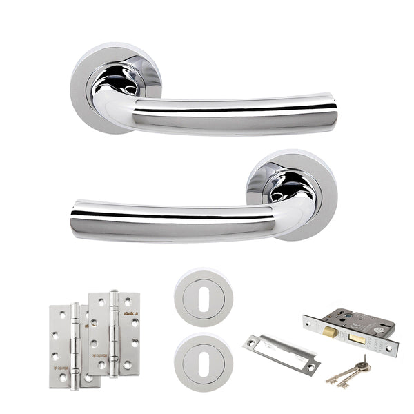 STATUS Nevada Door Handle Pack (3 Lever Lock Set - 3" CE Sashlock, 4" Slim Knuckle Hinges x2) - Polished Chrome - ADPS21RPC19
