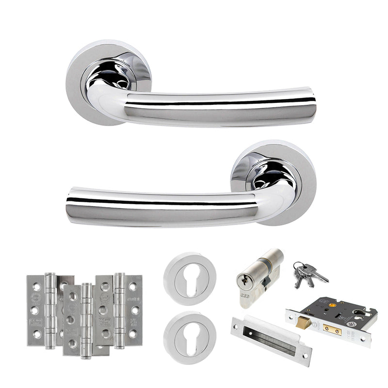 STATUS Nevada Door Handle Pack (Euro Lock Set - 3" CE Sashlock, 3" Fire Rated Hinges x3) - Polished Chrome - ADPS21RPC21 - Choice Handles